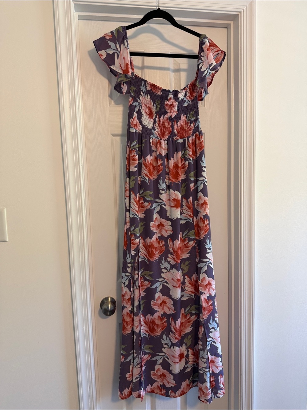Altar’d State Floral Off-Shoulder Maxi Dress in Purple and Coral